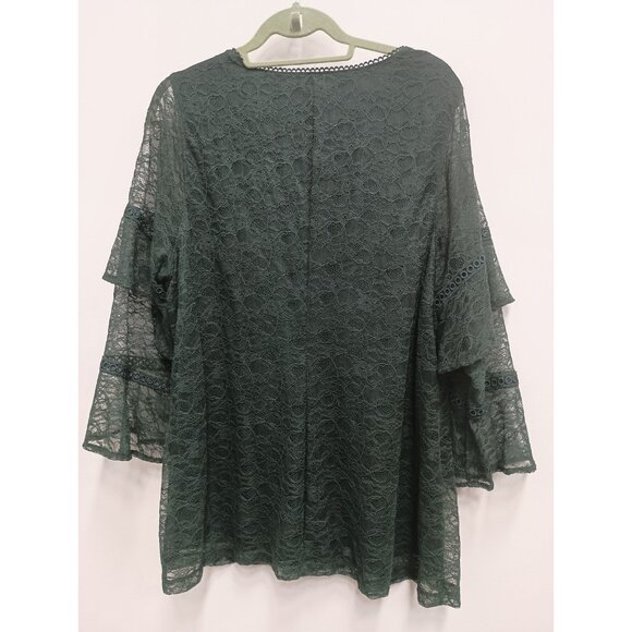 Isaac Mizrahi Live Womens BOHO Blouse 1X Dark Green Lace Bell Sleeve Whimsygoth - Picture 7 of 8